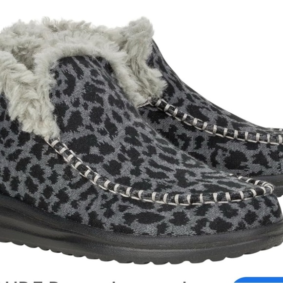 Hey Dude Black and Gray Moccasin Slippers with Plush Collar - Picture 2 of 9